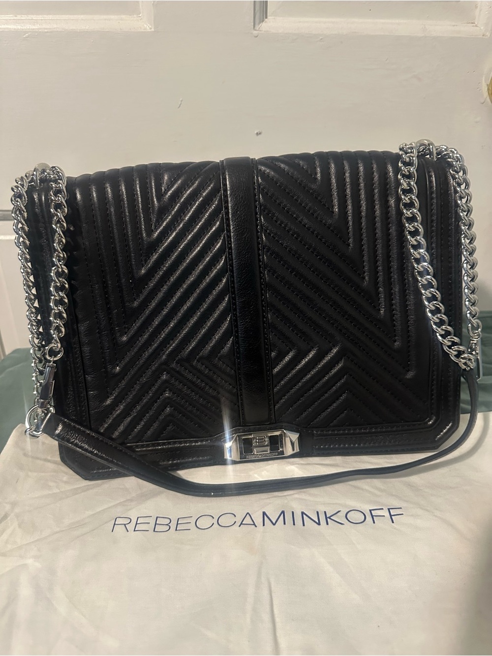 Rebecca Minkoff Black Quilted Chevron Shoulder Bag with Silver Chain